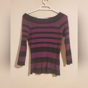 Off the shoulder long sleeve, purple and black stripes.